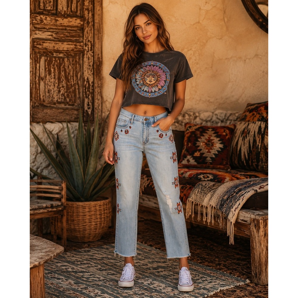 Jessica Simpson Jeans Womens 29 Light Wash Embroidered Distressed Boho Casual